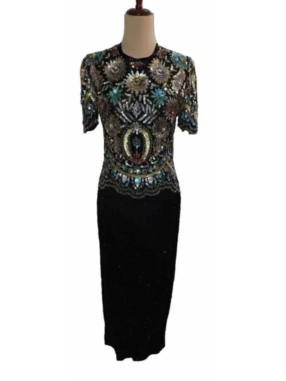 Laurence Kazar NewYork 100% Sequin Silk Dress Black Floral Small Formal Lined